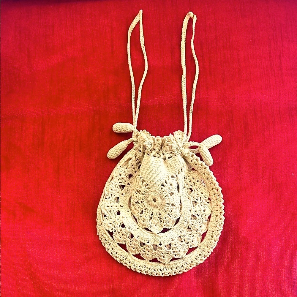 Elegant Cream Crochet Drawstring Bag